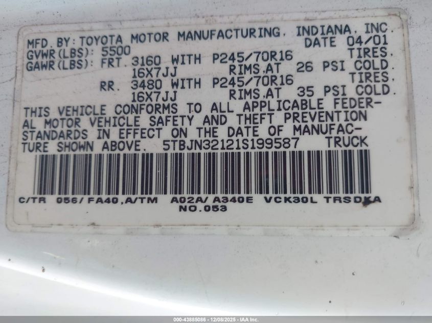 2001 Toyota Tundra VIN: 5TBJN32121S199587 Lot: 43885086