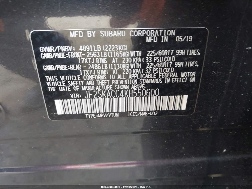 2019 Subaru Forester VIN: JF2SKACC4KH550600 Lot: 43885089