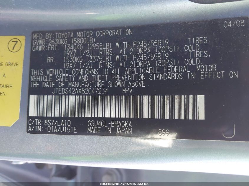 2008 Toyota Highlander Limited VIN: JTEDS42AX82047234 Lot: 43885090