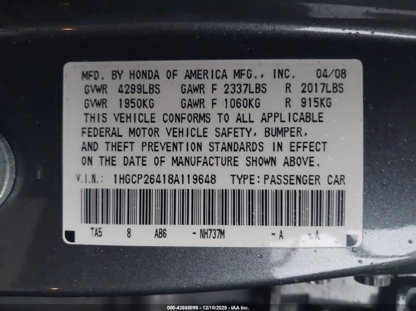 2008 Honda Accord 2.4 Lx-P VIN: 1HGCP26418A119648 Lot: 43885098
