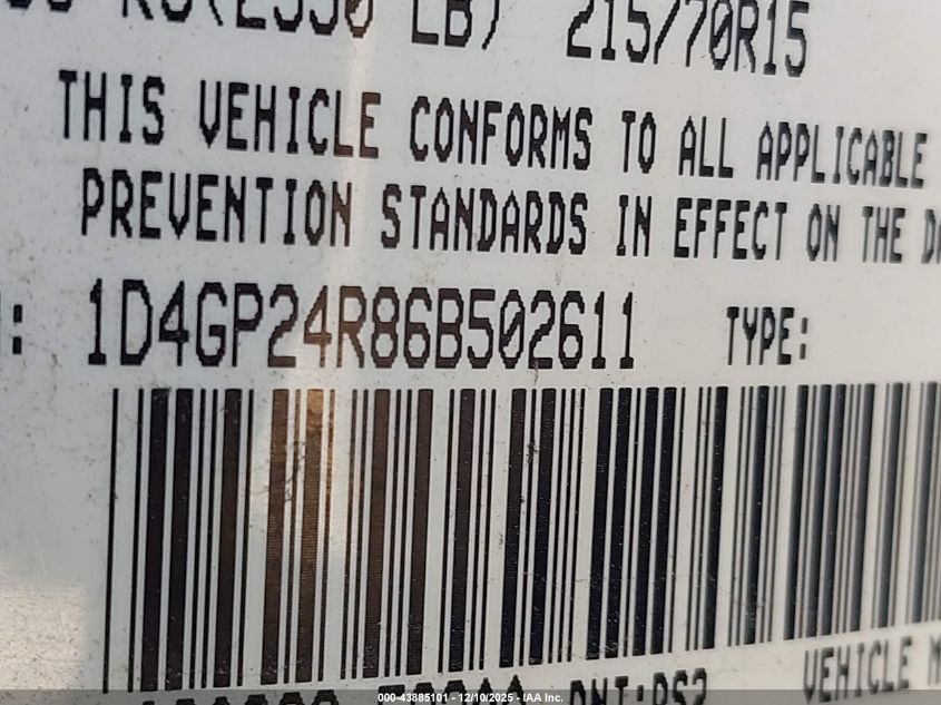 2006 Dodge Grand Caravan Se VIN: 1D4GP24R86B502611 Lot: 43885101