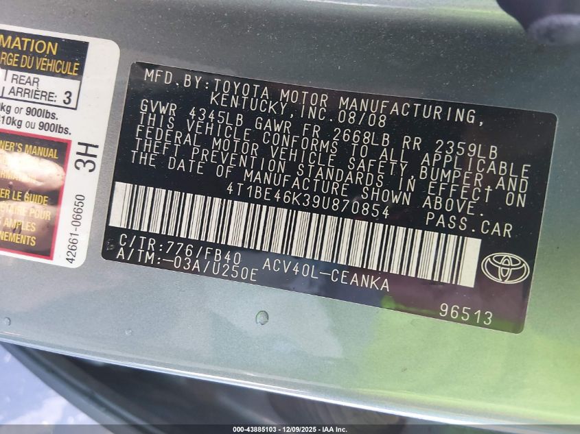 2009 Toyota Camry Le VIN: 4T1BE46K39U870854 Lot: 43885103