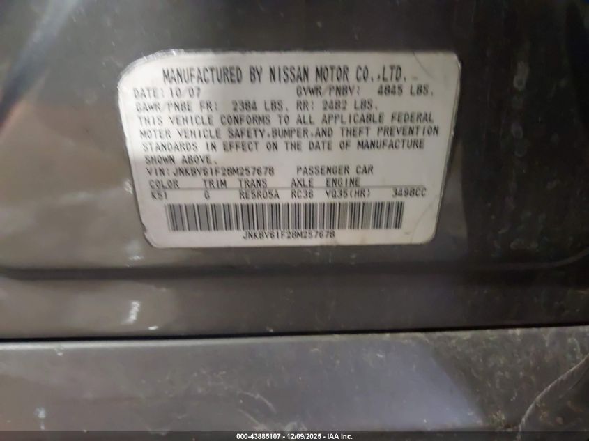 2008 Infiniti G35X VIN: JNKBV61F28M257678 Lot: 43885107