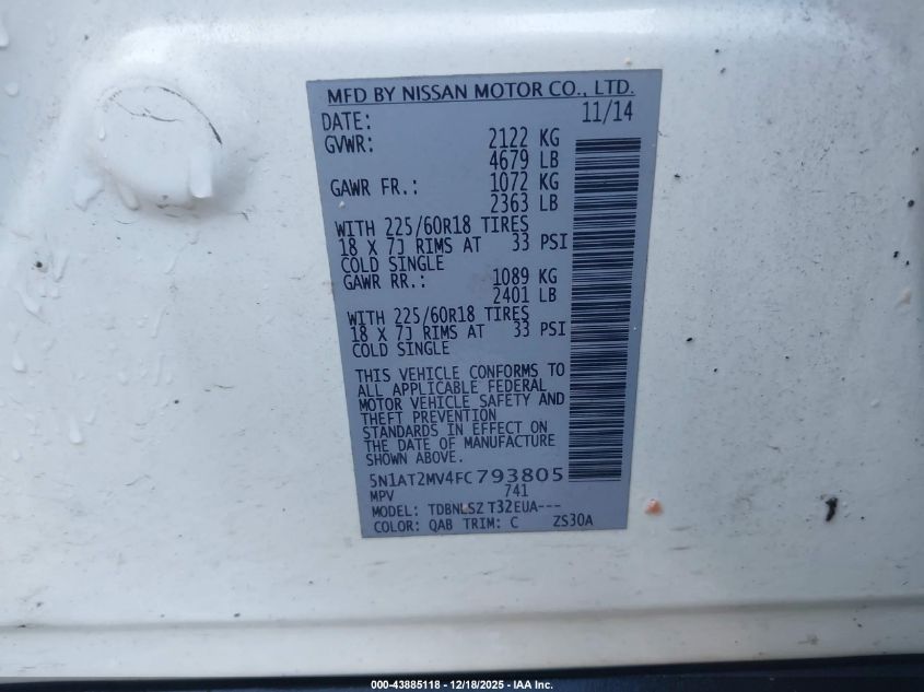 2015 Nissan Rogue Sl VIN: 5N1AT2MV4FC793805 Lot: 43885118