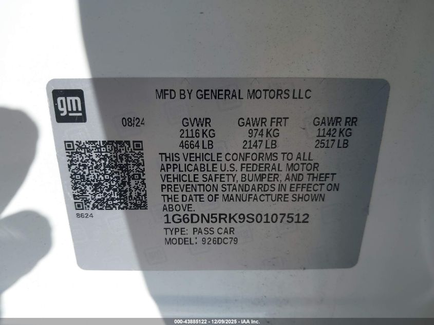 2025 Cadillac Ct5 Premium Luxury Rwd VIN: 1G6DN5RK9S0107512 Lot: 43885122