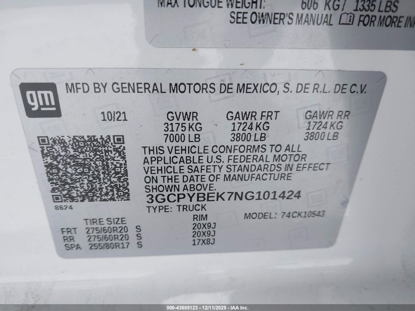 2022 Chevrolet Silverado 1500 Ltd 4Wd Short Bed Custom VIN: 3GCPYBEK7NG101424 Lot: 43885123