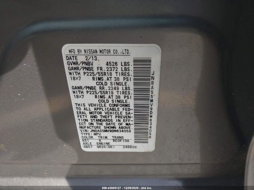 2013 Nissan Rogue Sv W/Sl Pkg VIN: JN8AS5MV9DW634058 Lot: 43885127