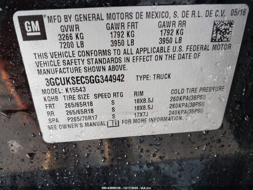 2016 Chevrolet Silverado 1500 2Lz VIN: 3GCUKSEC5GG344942 Lot: 43885128