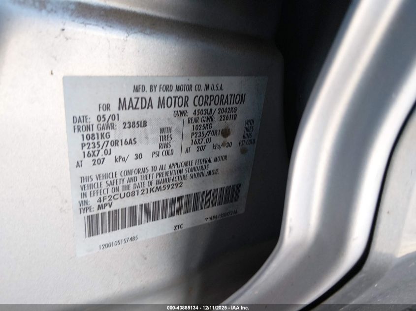 2001 Mazda Tribute Es V6/Lx V6 VIN: 4F2CU08121KM59292 Lot: 43885134