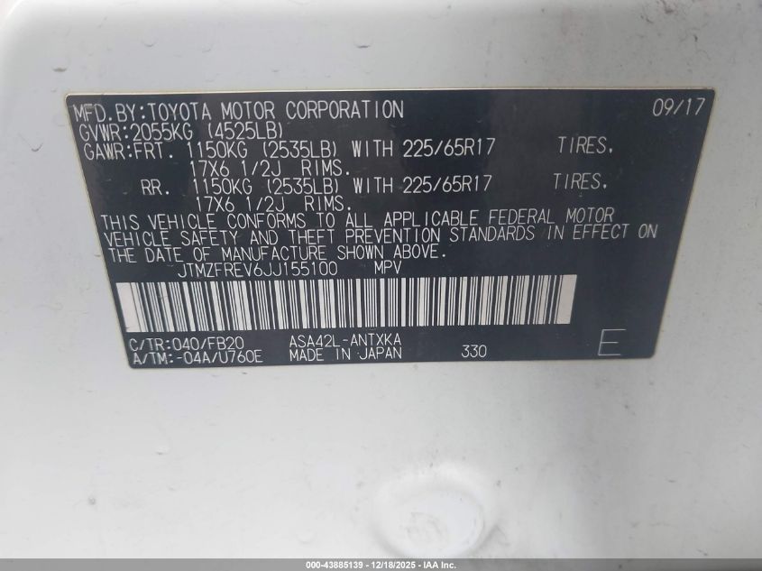 2018 Toyota Rav4 Le VIN: JTMZFREV6JJ155100 Lot: 43885139