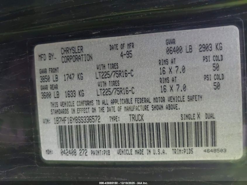 1995 Dodge Ram 1500 VIN: 1B7HF16Y8SS336572 Lot: 43885150