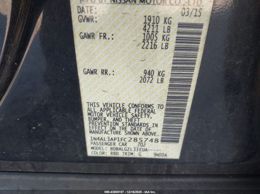 2015 Nissan Altima 2.5/2.5 S/2.5 Sl/2.5 Sv VIN: 1N4AL3AP1FC285748 Lot: 43885157