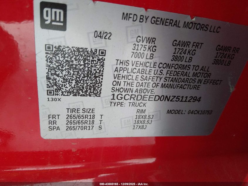 2022 Chevrolet Silverado 1500 4Wd Standard Bed Rst VIN: 1GCRDEED0NZ511294 Lot: 43885165