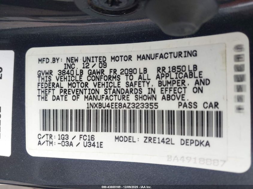 2010 Toyota Corolla Le VIN: 1NXBU4EE8AZ323355 Lot: 43885169