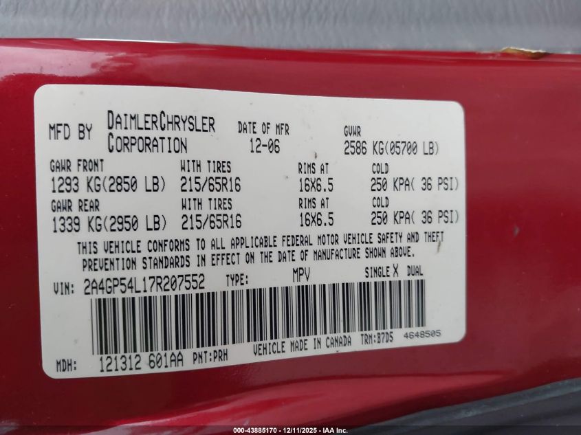 2007 Chrysler Town & Country Touring VIN: 2A4GP54L17R207552 Lot: 43885170