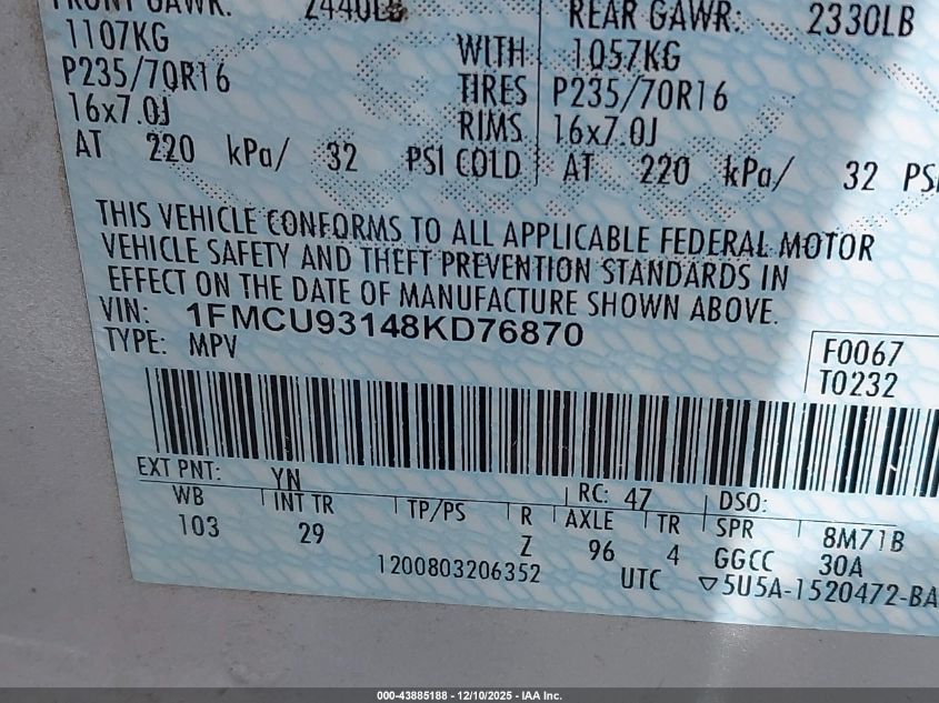 2008 Ford Escape Xlt VIN: 1FMCU93148KD76870 Lot: 43885188