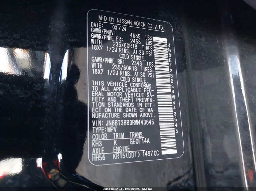 2024 Nissan Rogue Sv Intelligent Awd VIN: JN8BT3BB3RW443645 Lot: 43885194