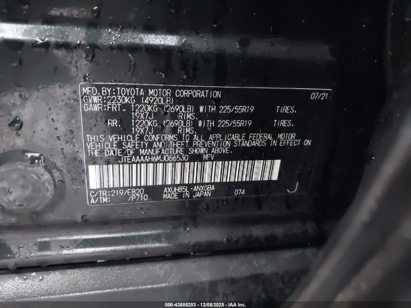 2021 Toyota Venza Xle VIN: JTEAAAAH6MJ066530 Lot: 43885203