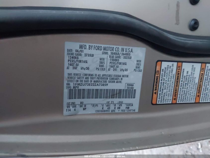 2002 Ford Explorer Xlt VIN: 1FMZU73E22ZA73859 Lot: 43885204