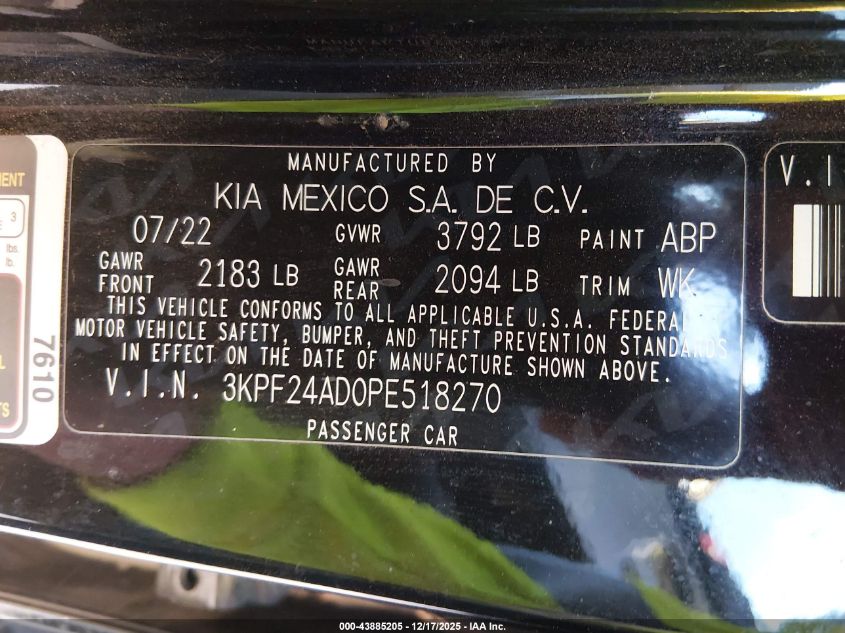 2023 Kia Forte Lxs VIN: 3KPF24AD0PE518270 Lot: 43885205