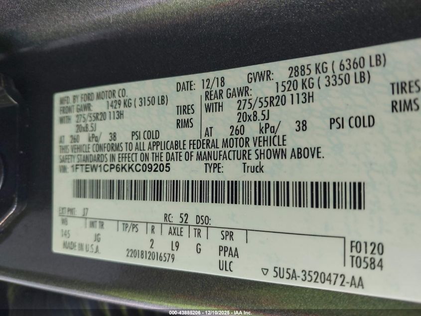 2019 Ford F-150 Xl VIN: 1FTEW1CP6KKC09205 Lot: 43885206