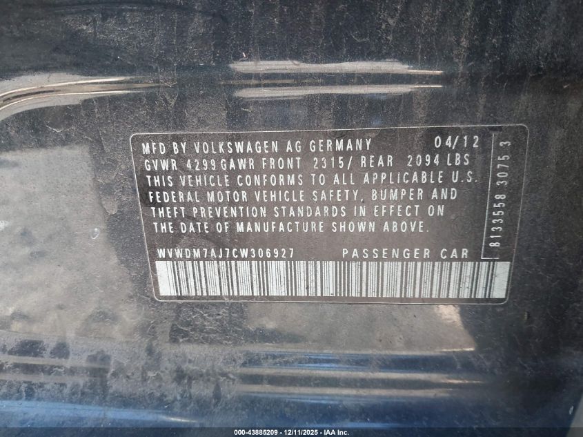 2012 Volkswagen Golf Tdi 4-Door VIN: WVWDM7AJ7CW306927 Lot: 43885209