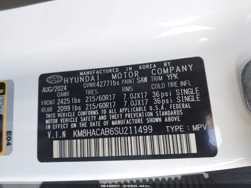 2025 Hyundai Kona Se VIN: KM8HACAB6SU211499 Lot: 43885213