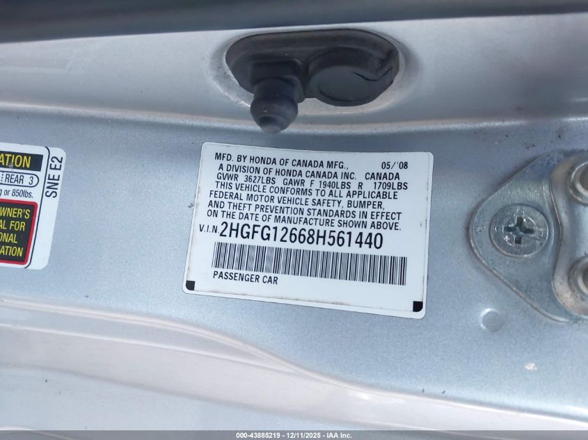 2008 Honda Civic Lx VIN: 2HGFG12668H561440 Lot: 43885219
