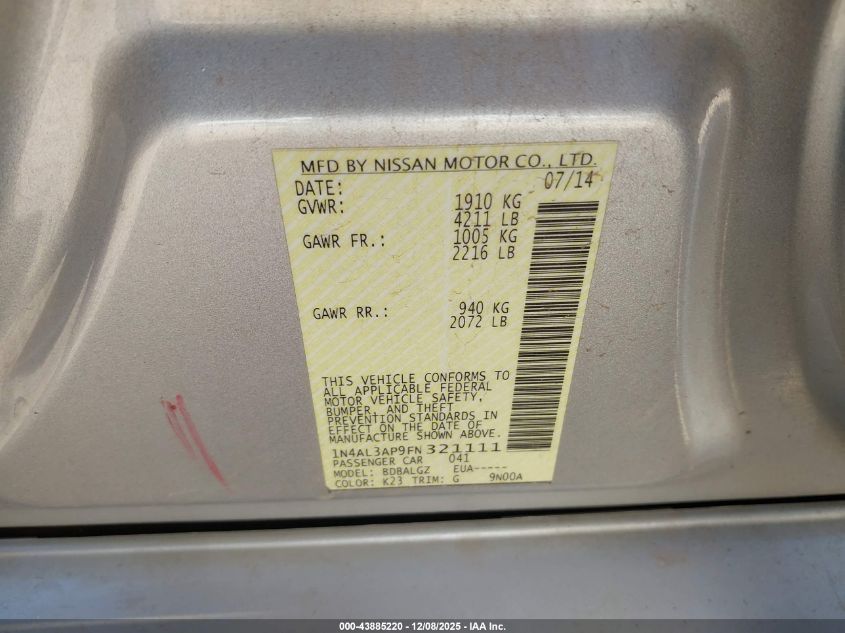 2015 Nissan Altima 2.5/2.5 S/2.5 Sl/2.5 Sv VIN: 1N4AL3AP9FN321111 Lot: 43885220