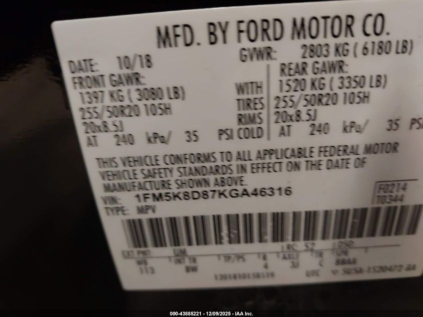 2019 Ford Explorer Xlt VIN: 1FM5K8D87KGA46316 Lot: 43885221