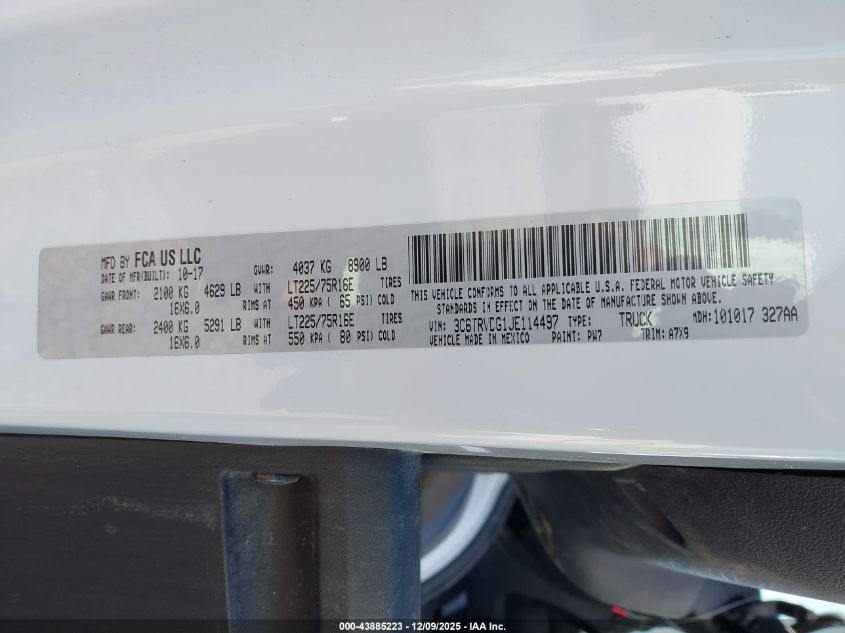 2018 Ram Promaster 2500 High Roof 159 Wb VIN: 3C6TRVDG1JE114497 Lot: 43885223