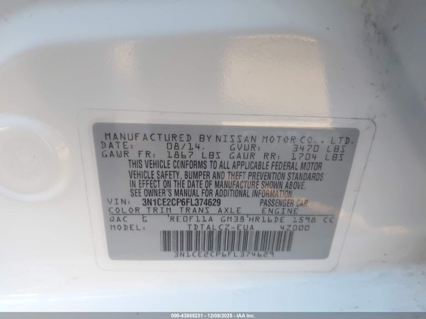 2015 Nissan Versa Note S Plus VIN: 3N1CE2CP6FL374629 Lot: 43885231