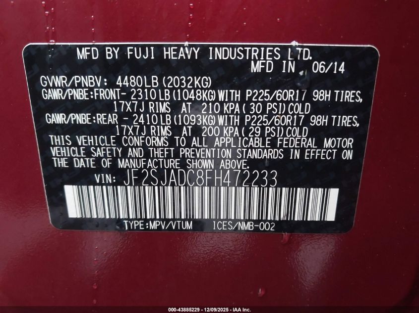 2015 Subaru Forester 2.5I Premium VIN: JF2SJADC8FH472233 Lot: 43885229