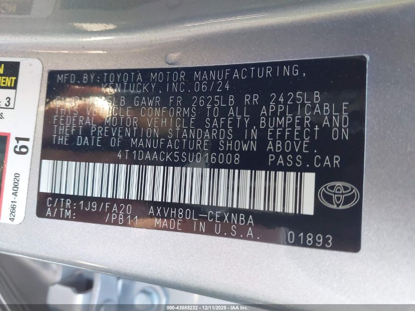 2025 Toyota Camry Le VIN: 4T1DAACK5SU016008 Lot: 43885232