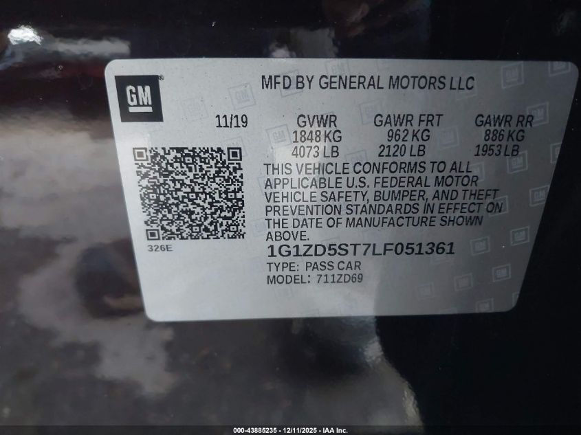 2020 Chevrolet Malibu Fwd Lt VIN: 1G1ZD5ST7LF051361 Lot: 43885235