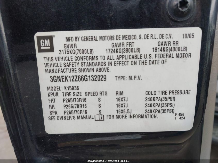 2006 Chevrolet Avalanche 1500 Lt VIN: 3GNEK12Z66G132029 Lot: 43885236