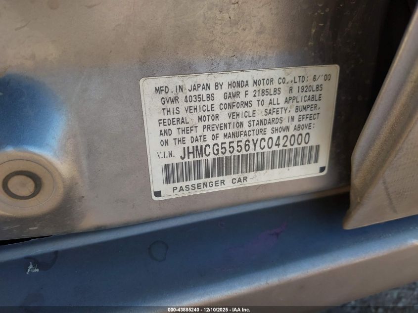 2000 Honda Accord 2.3 Ex VIN: JHMCG5556YC042000 Lot: 43885240