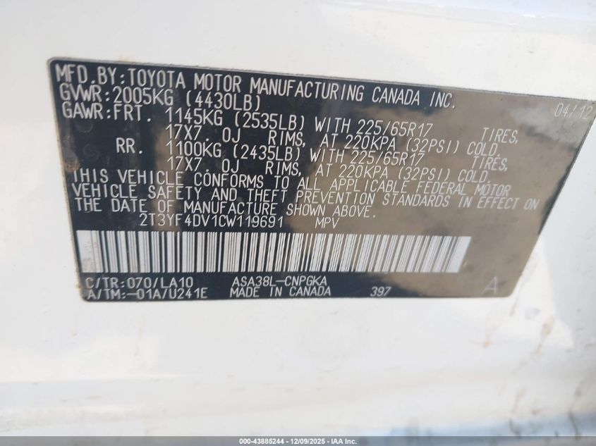 2012 Toyota Rav4 Limited VIN: 2T3YF4DV1CW119691 Lot: 43885244