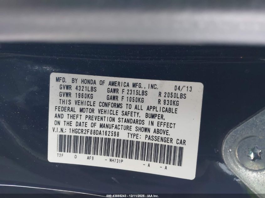 2013 Honda Accord Sdn Ex-L VIN: 1HGCR2F88DA162598 Lot: 43885243
