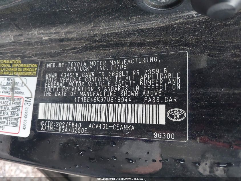 2007 Toyota Camry Le VIN: 4T1BE46K97U618944 Lot: 43885248