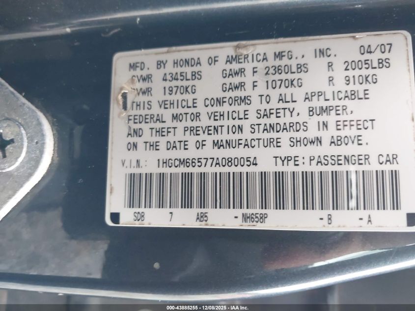 2007 Honda Accord 3.0 Ex VIN: 1HGCM66577A080054 Lot: 43885255