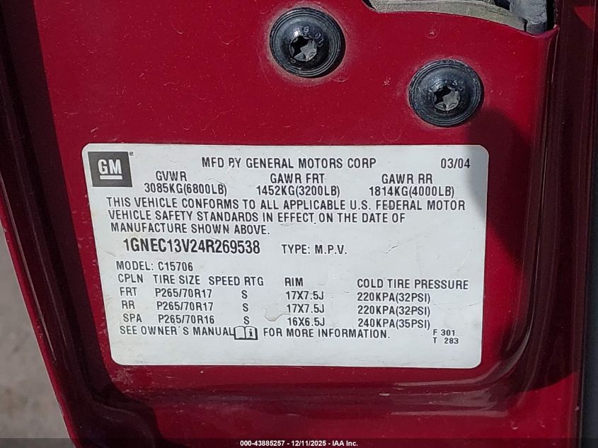 2004 Chevrolet Tahoe Ls VIN: 1GNEC13V24R269538 Lot: 43885257