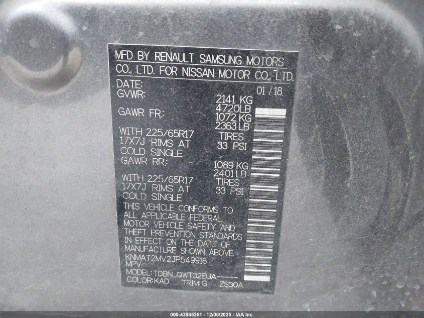 2018 Nissan Rogue Sv VIN: KNMAT2MV2JP549916 Lot: 43885261