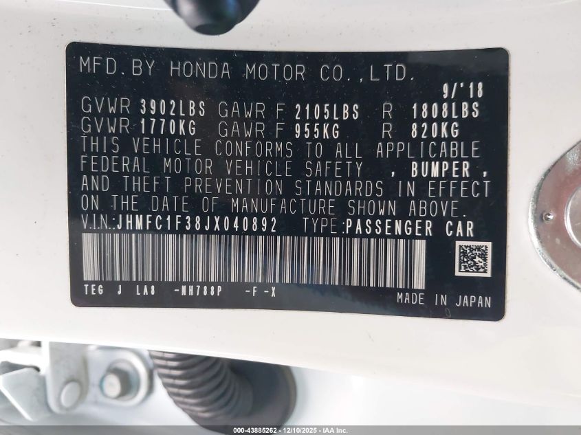 2018 Honda Civic Ex-T VIN: JHMFC1F38JX040892 Lot: 43885262
