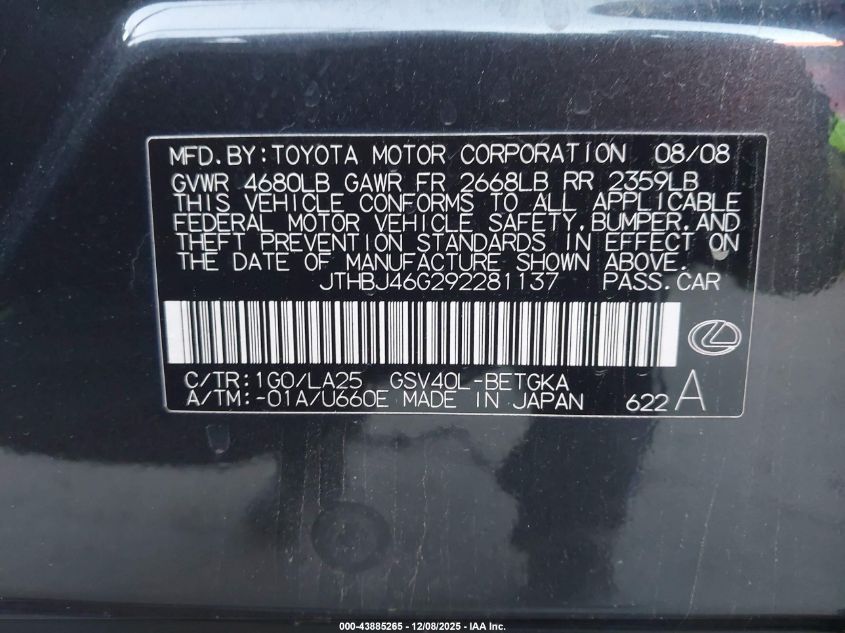 2009 Lexus Es 350 VIN: JTHBJ46G292281137 Lot: 43885265