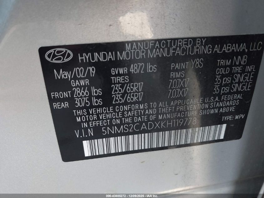 2019 Hyundai Santa Fe Se VIN: 5NMS2CADXKH119778 Lot: 43885272