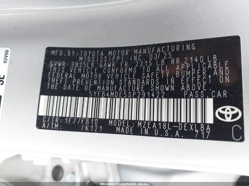 2025 Toyota Corolla Le VIN: 5YFB4MDE5SP291422 Lot: 43885275