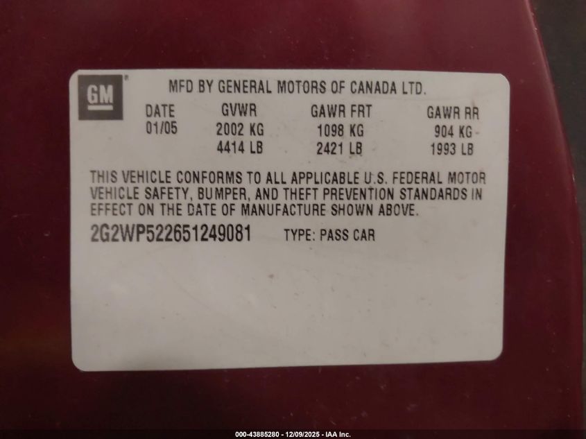 2005 Pontiac Grand Prix VIN: 2G2WP522651249081 Lot: 43885280