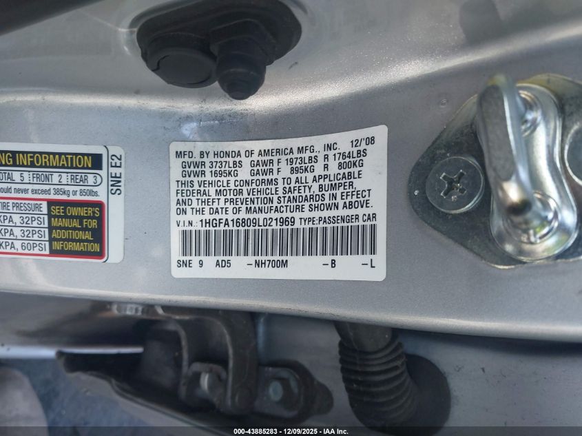 2009 Honda Civic Ex VIN: 1HGFA16809L021969 Lot: 43885283