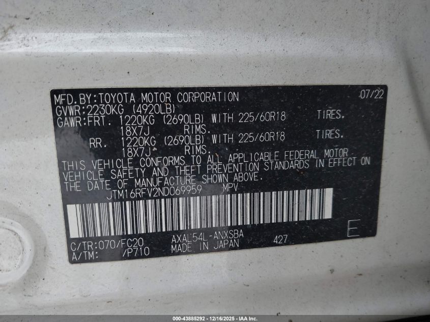 2022 Toyota Rav4 Hybrid Se VIN: JTM16RFV2ND069959 Lot: 43885292